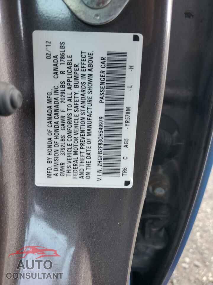 HONDA CIVIC 2012 - 2HGFB2F83CH549979