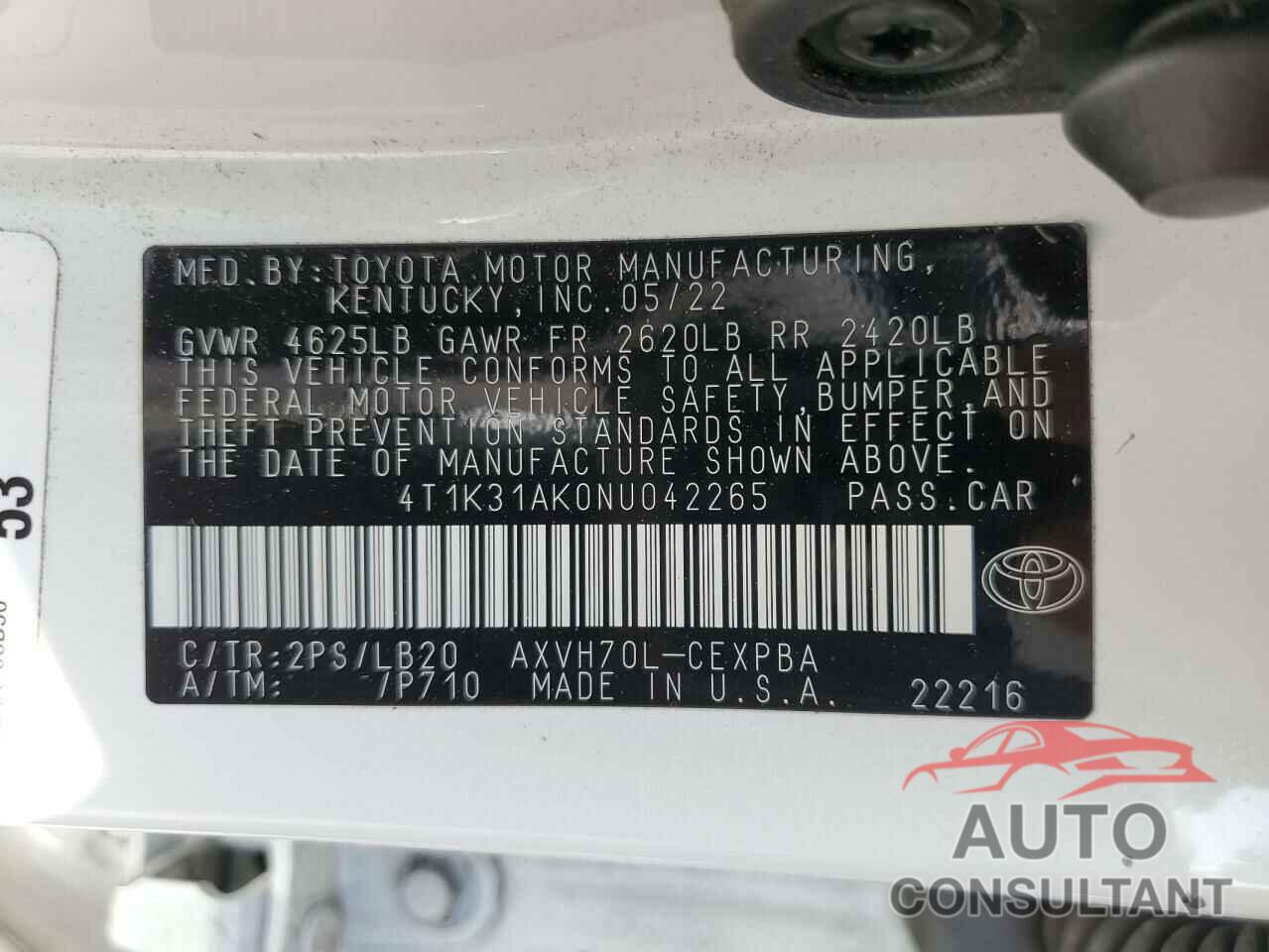 TOYOTA CAMRY 2022 - 4T1K31AK0NU042265
