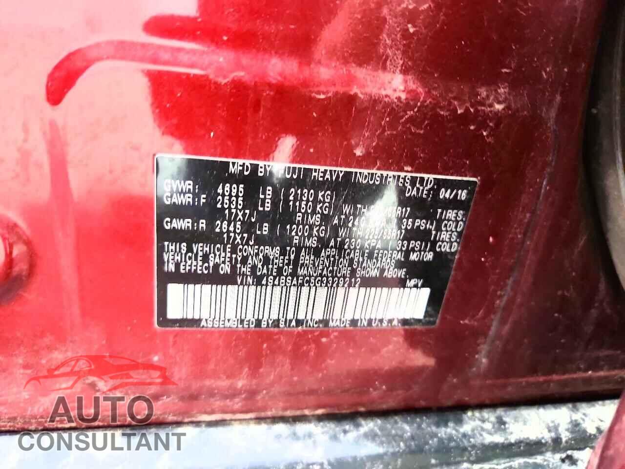 SUBARU OUTBACK 2016 - 4S4BSAFC5G3329212