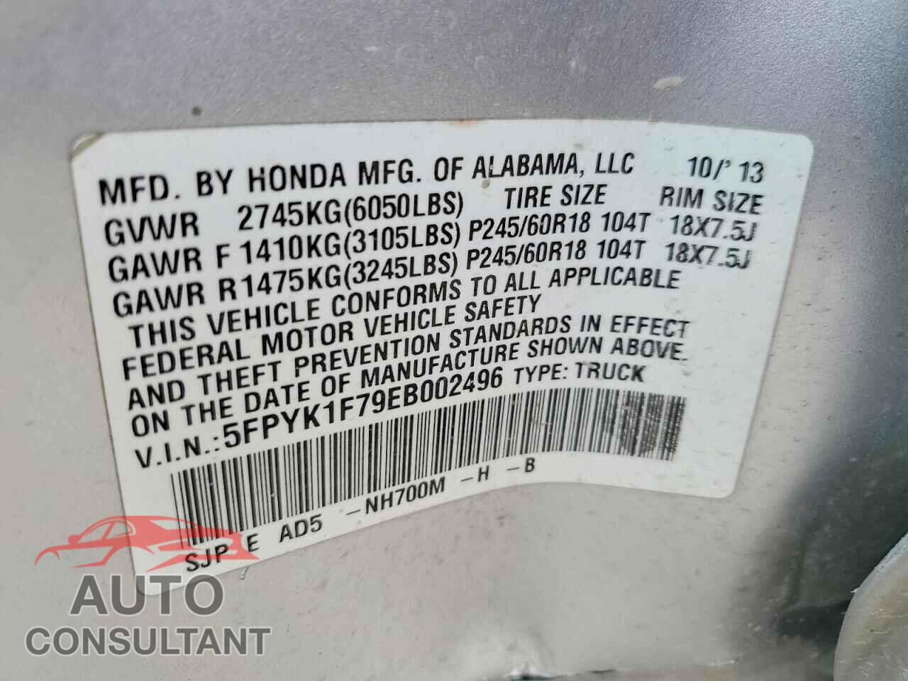 HONDA RIDGELINE 2014 - 5FPYK1F79EB002496