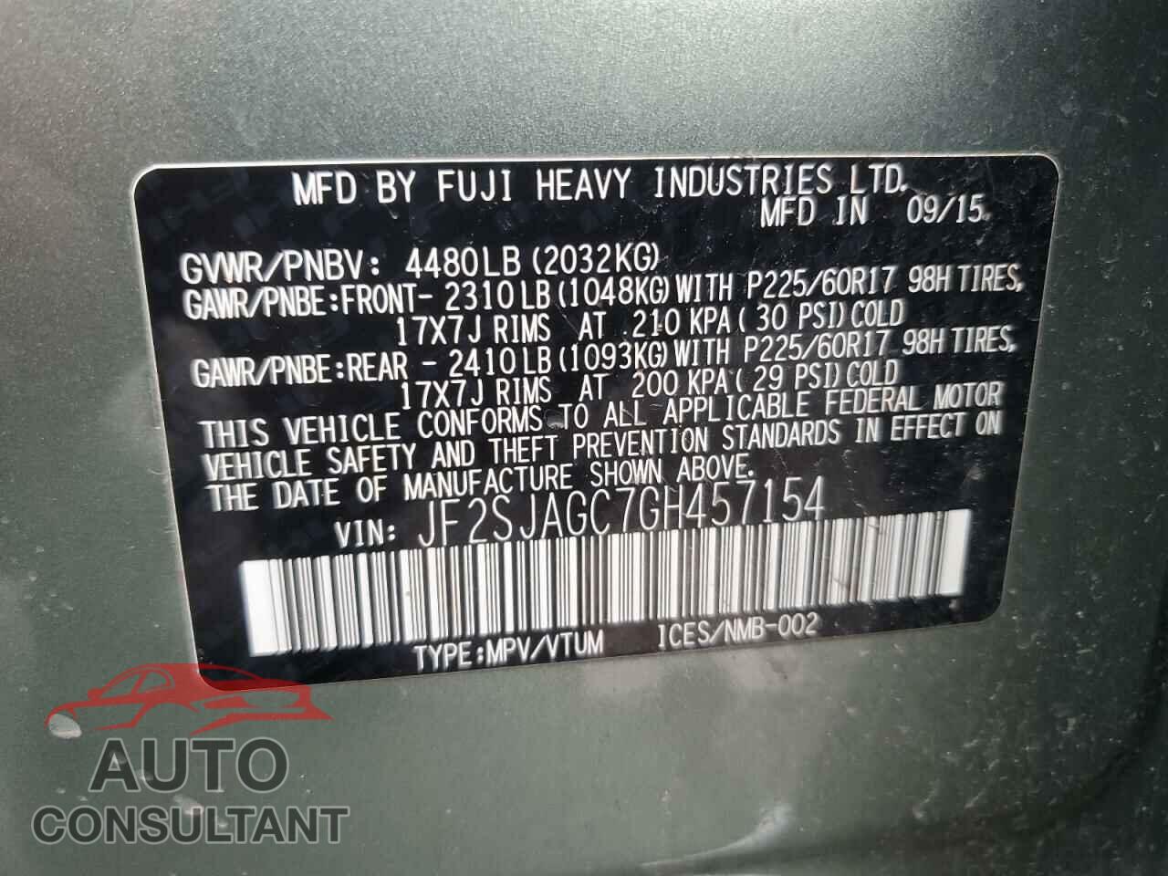 SUBARU FORESTER 2016 - JF2SJAGC7GH457154