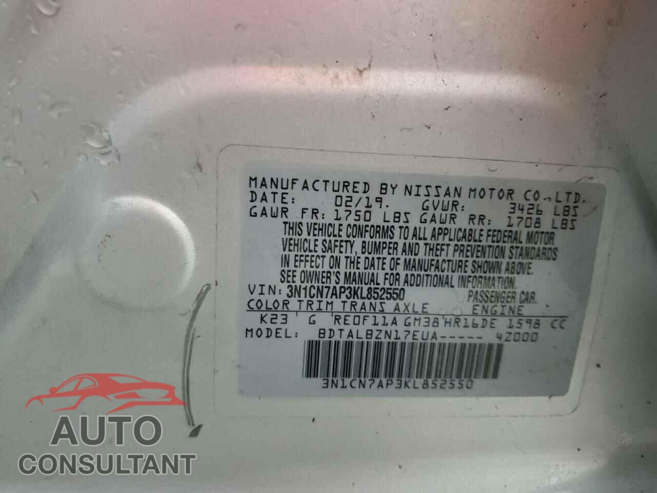 NISSAN VERSA 2019 - 3N1CN7AP3KL852550
