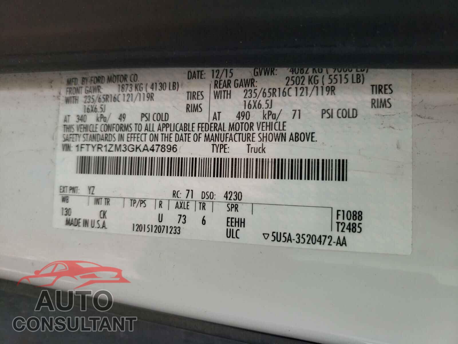 FORD TRANSIT CO 2016 - 1FTYR1ZM3GKA47896