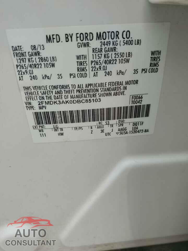 FORD EDGE 2013 - 2FMDK3AK0DBC85103