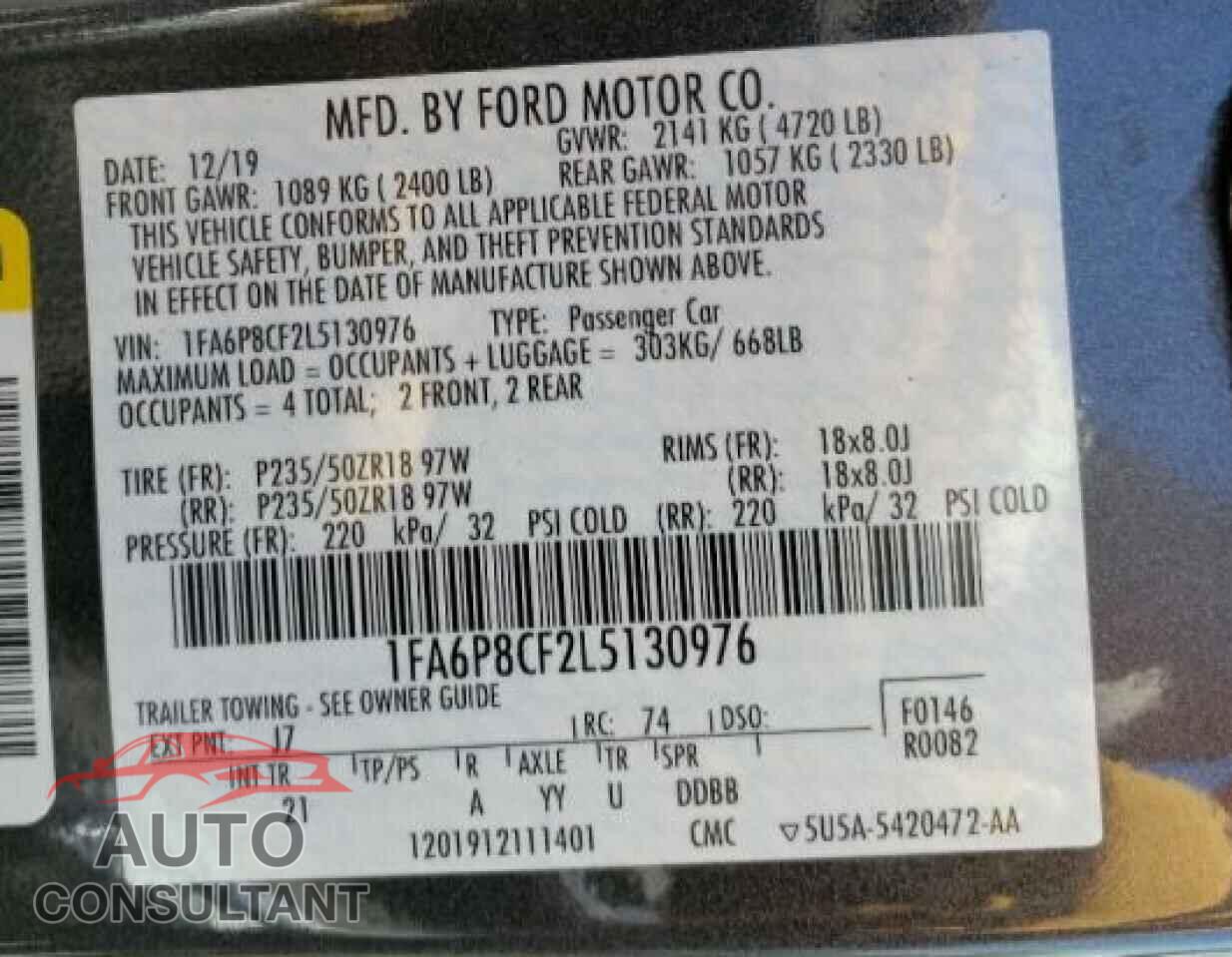 FORD MUSTANG 2020 - 1FA6P8CF2L5130976