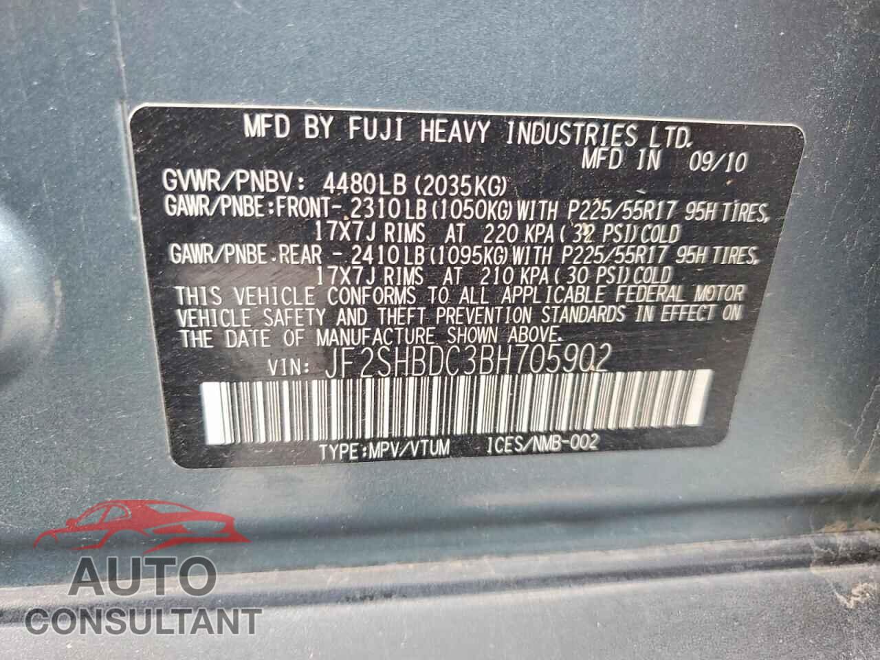 SUBARU FORESTER 2011 - JF2SHBDC3BH705902
