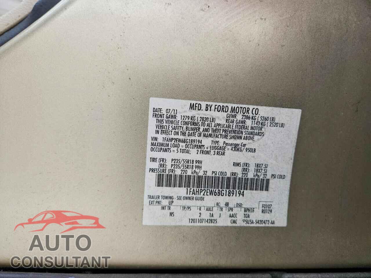 FORD TAURUS 2011 - 1FAHP2EW6BG189194