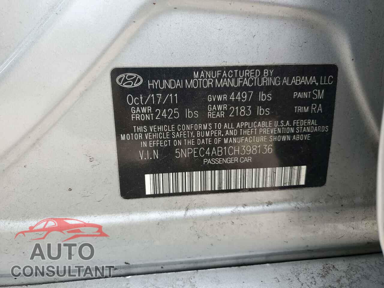 HYUNDAI SONATA 2012 - 5NPEC4AB1CH398136