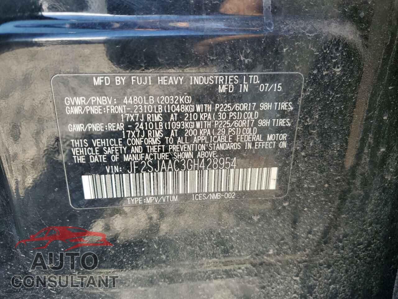 SUBARU FORESTER 2016 - JF2SJAAC3GH428954