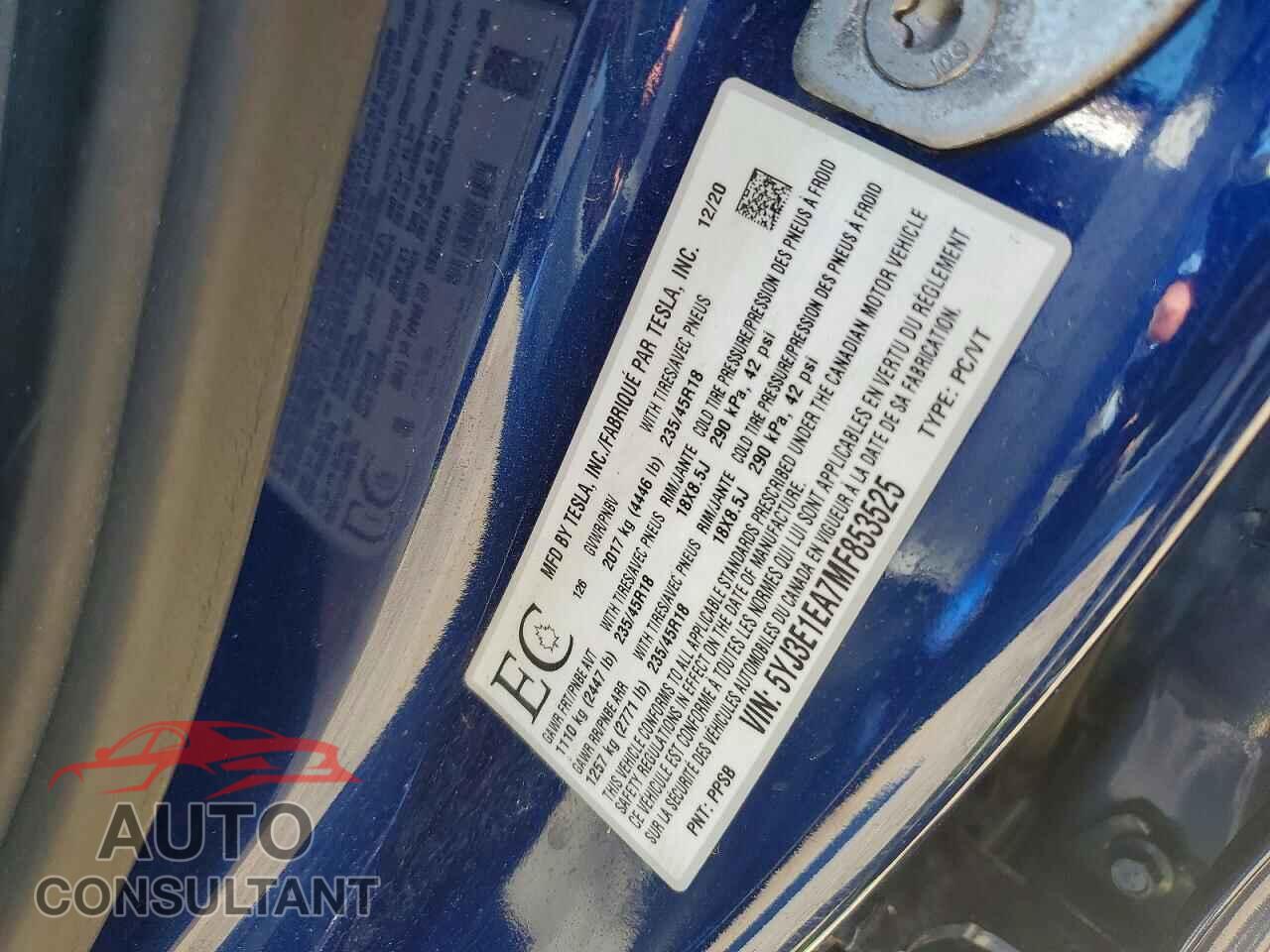 TESLA MODEL 3 2021 - 5YJ3E1EA7MF853525