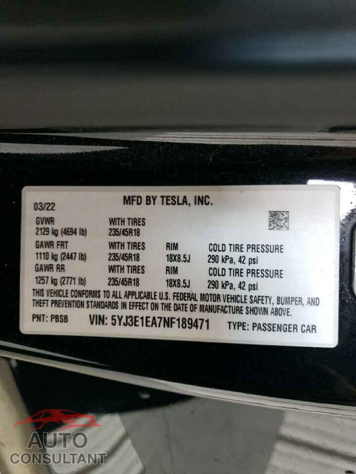 TESLA MODEL 3 2022 - 5YJ3E1EA7NF189471