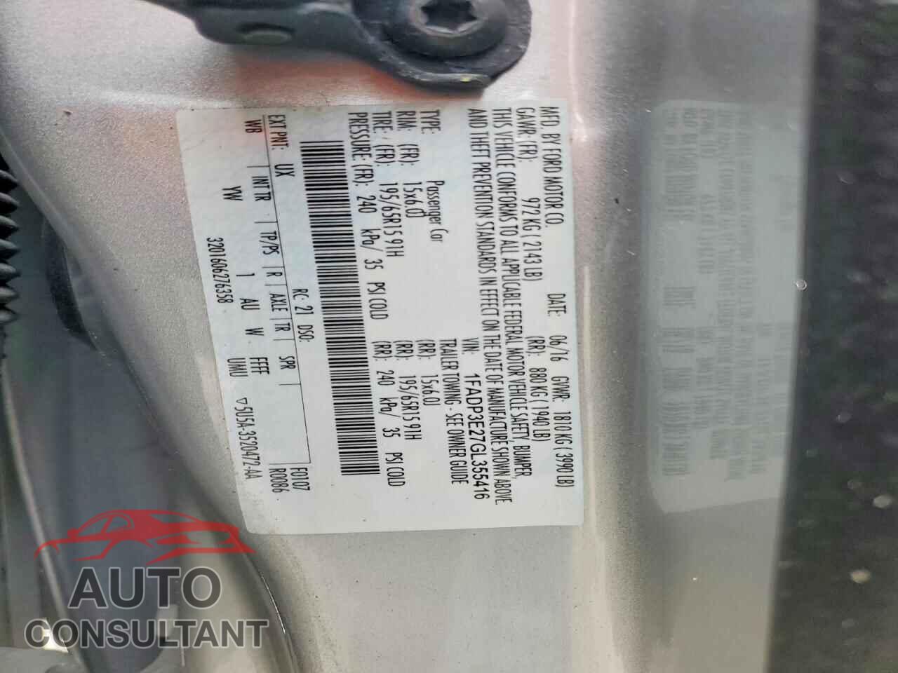 FORD FOCUS 2016 - 1FADP3E27GL355416