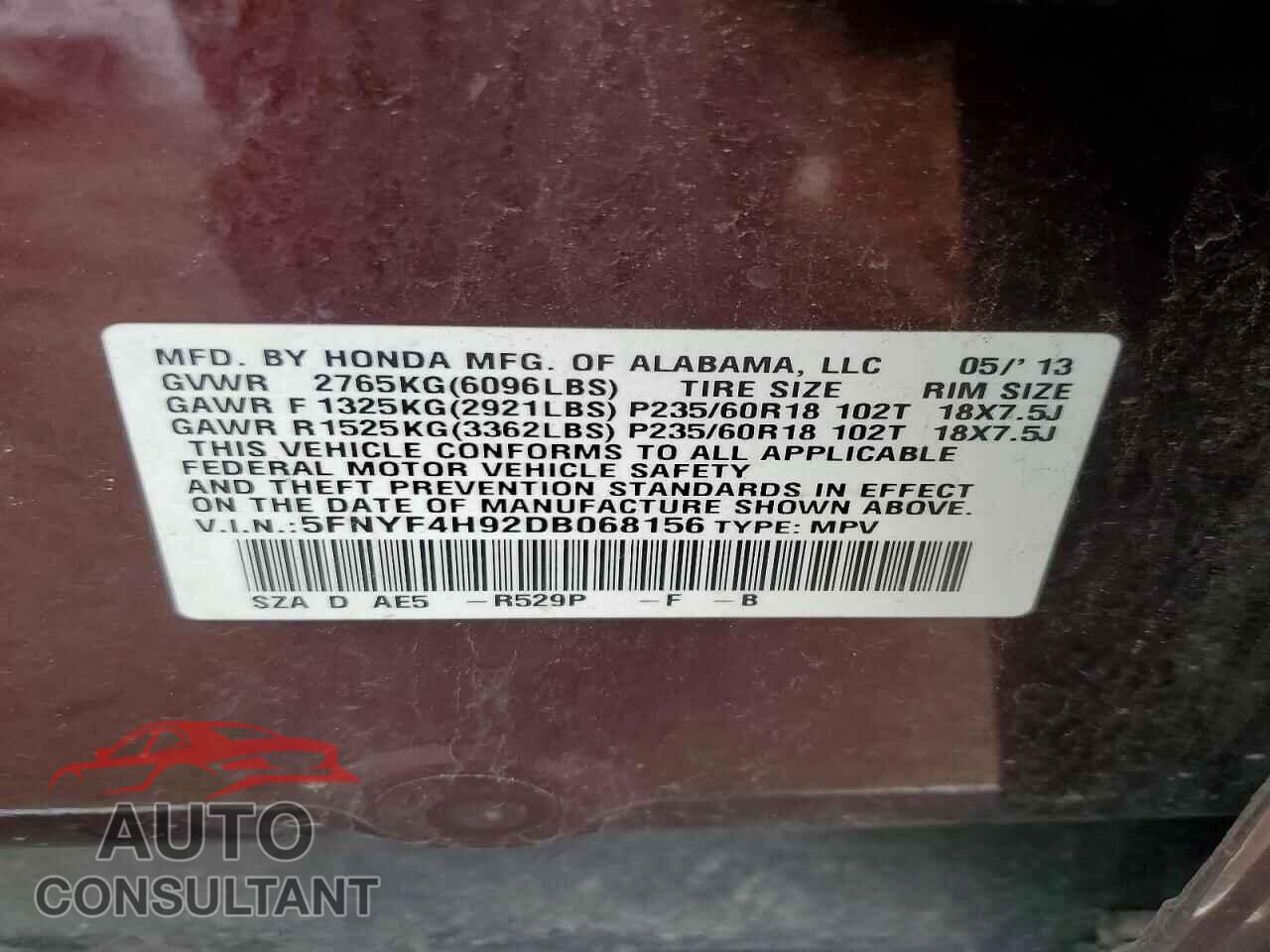 HONDA PILOT 2013 - 5FNYF4H92DB068156