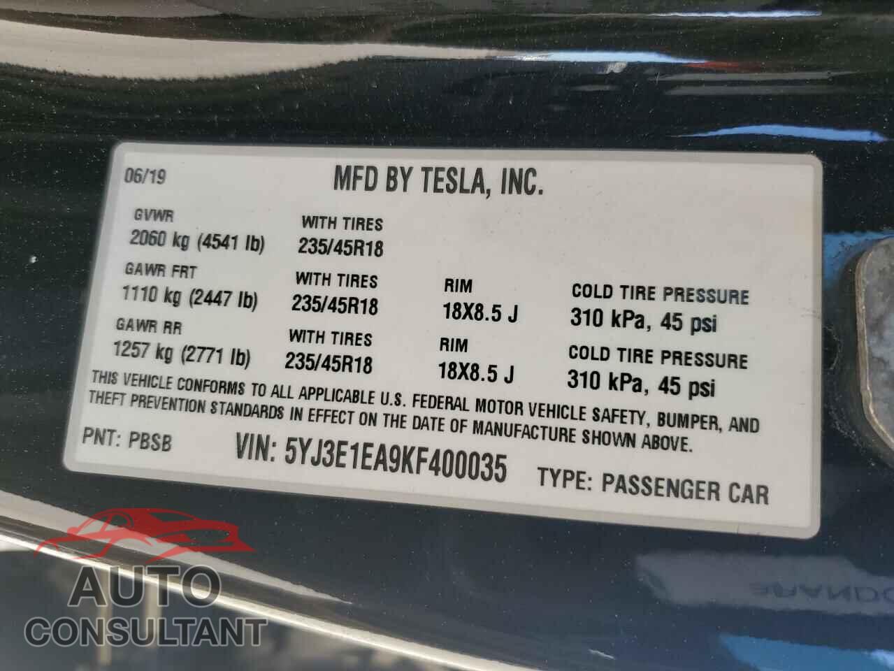 TESLA MODEL 3 2019 - 5YJ3E1EA9KF400035