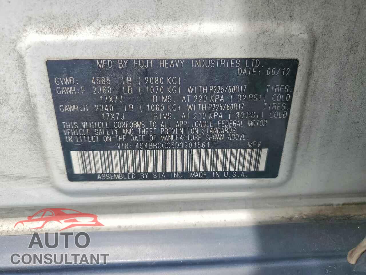 SUBARU OUTBACK 2013 - 4S4BRCCC5D3201561