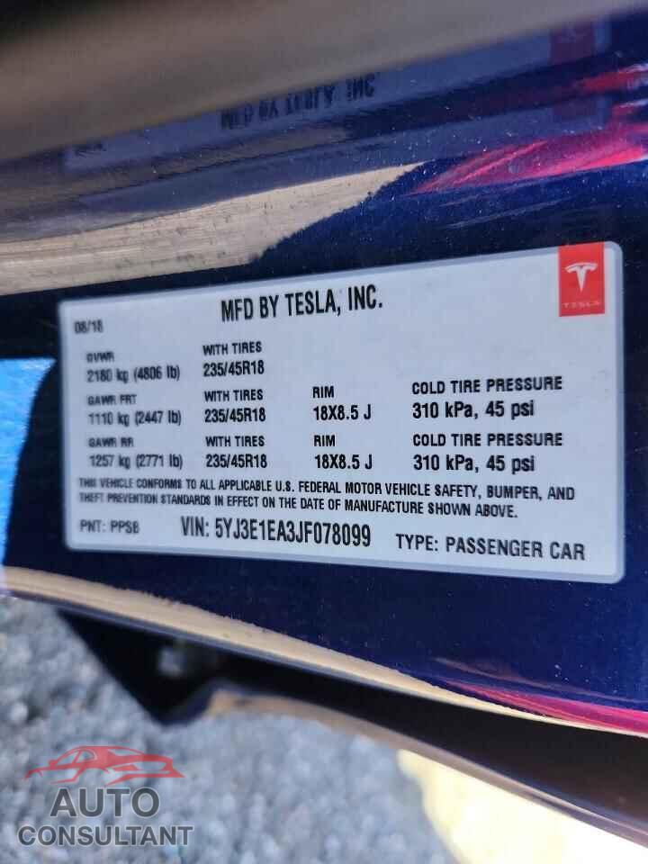 TESLA MODEL 3 2018 - 5YJ3E1EA3JF078099