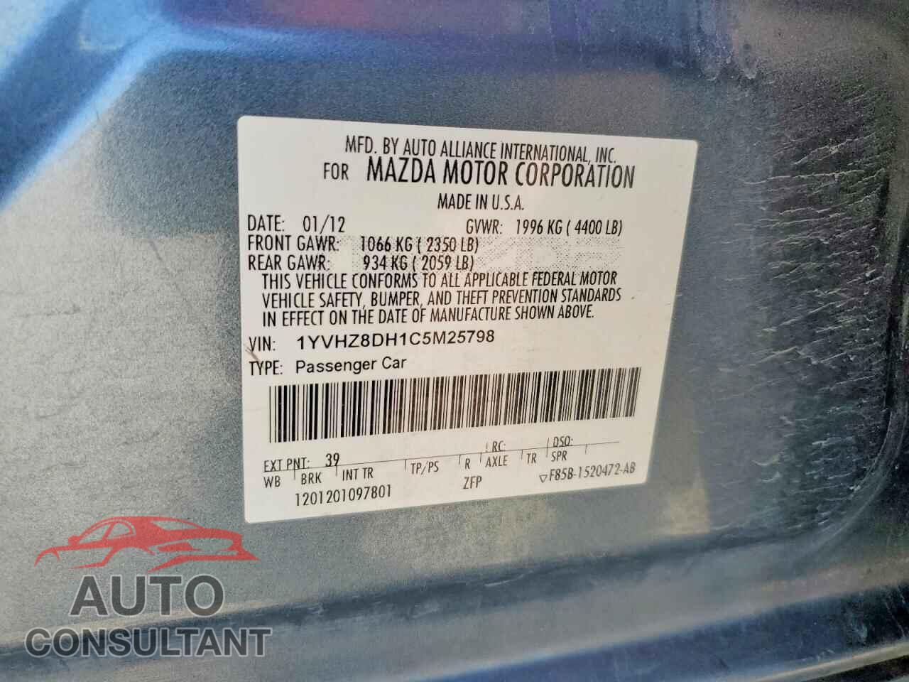 MAZDA 6 2012 - 1YVHZ8DH1C5M25798