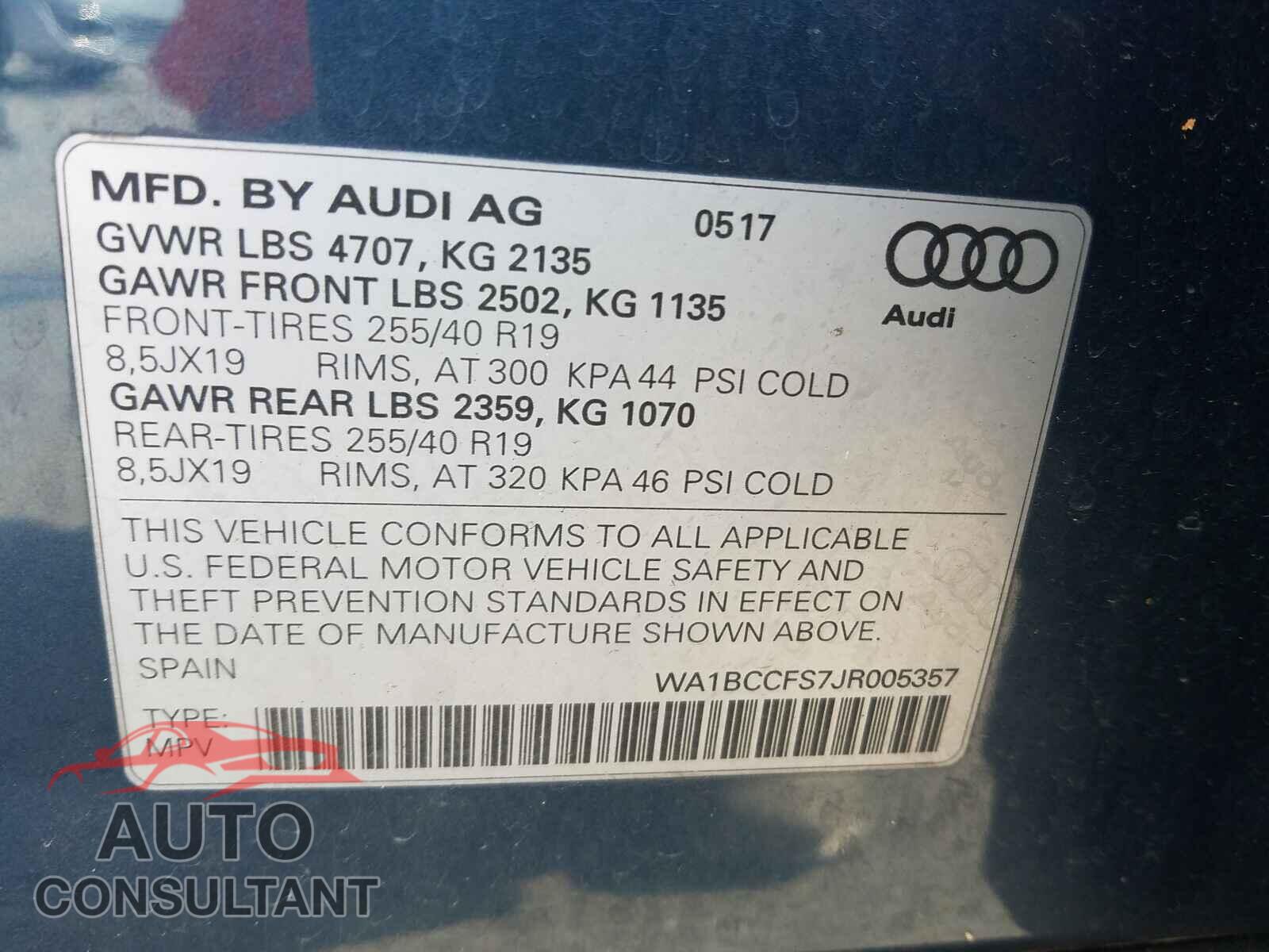 AUDI Q3 2018 - WA1BCCFS7JR005357