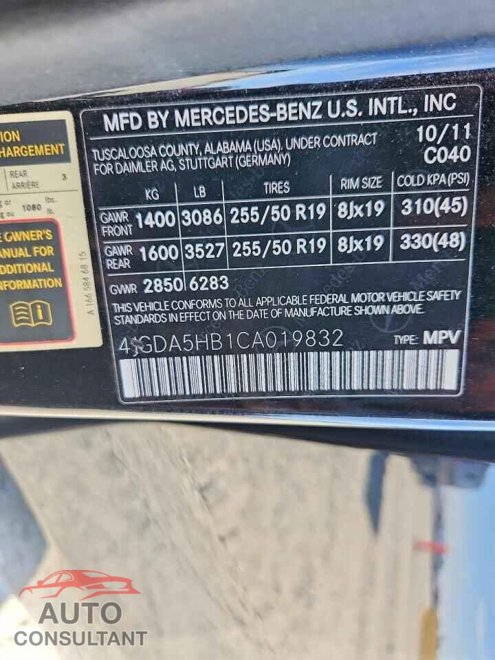 MERCEDES-BENZ M-CLASS 2012 - 4JGDA5HB1CA019832