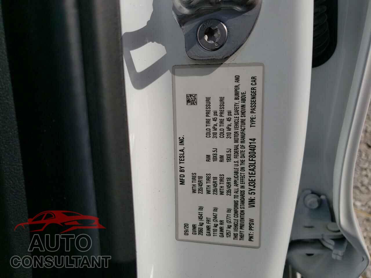 TESLA MODEL 3 2020 - 5YJ3E1EA3LF804014