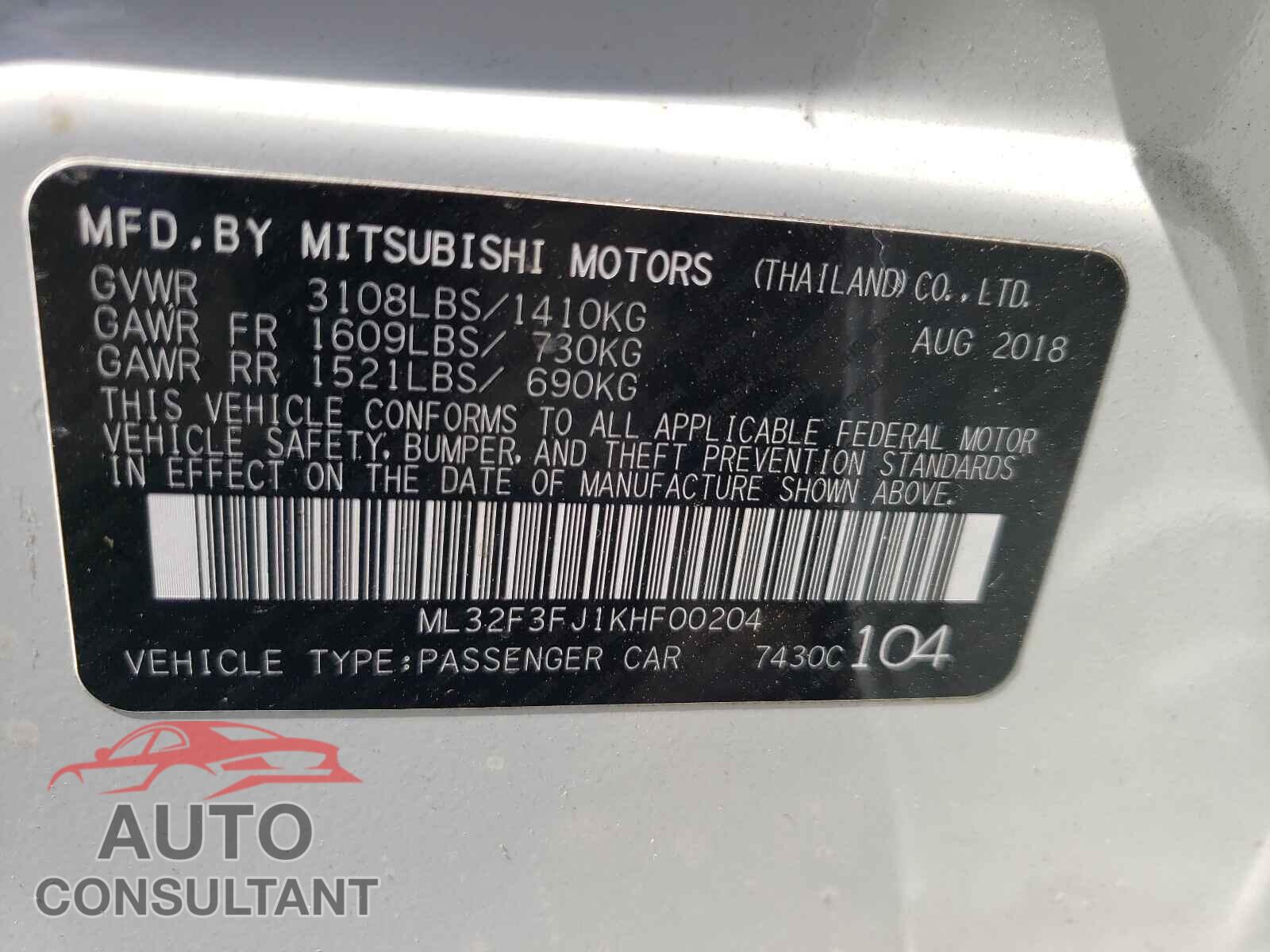 MITSUBISHI MIRAGE 2019 - ML32F3FJ1KHF00204