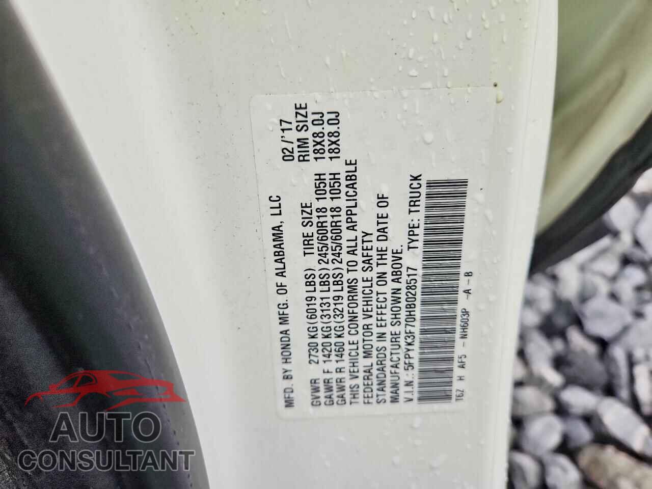 HONDA RIDGELINE 2017 - 5FPYK3F70HB028517