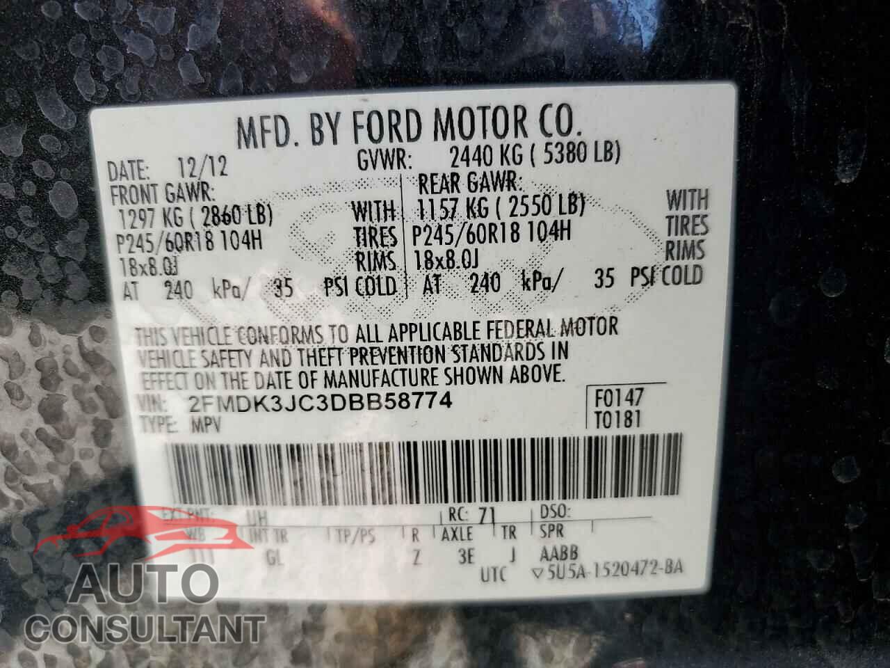 FORD EDGE 2013 - 2FMDK3JC3DBB58774