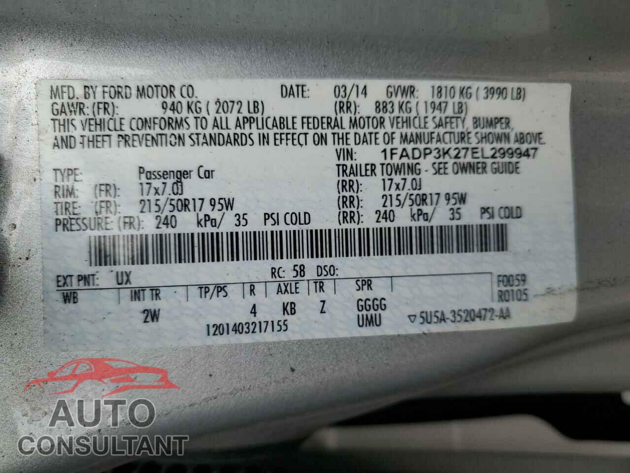 FORD FOCUS 2014 - 1FADP3K27EL299947