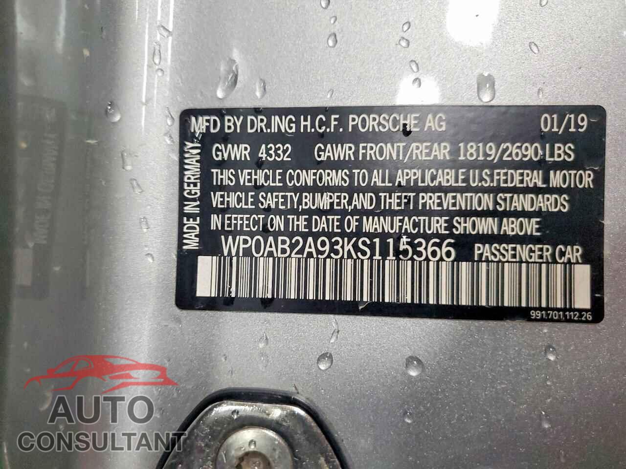 PORSCHE 911 2019 - WP0AB2A93KS115366
