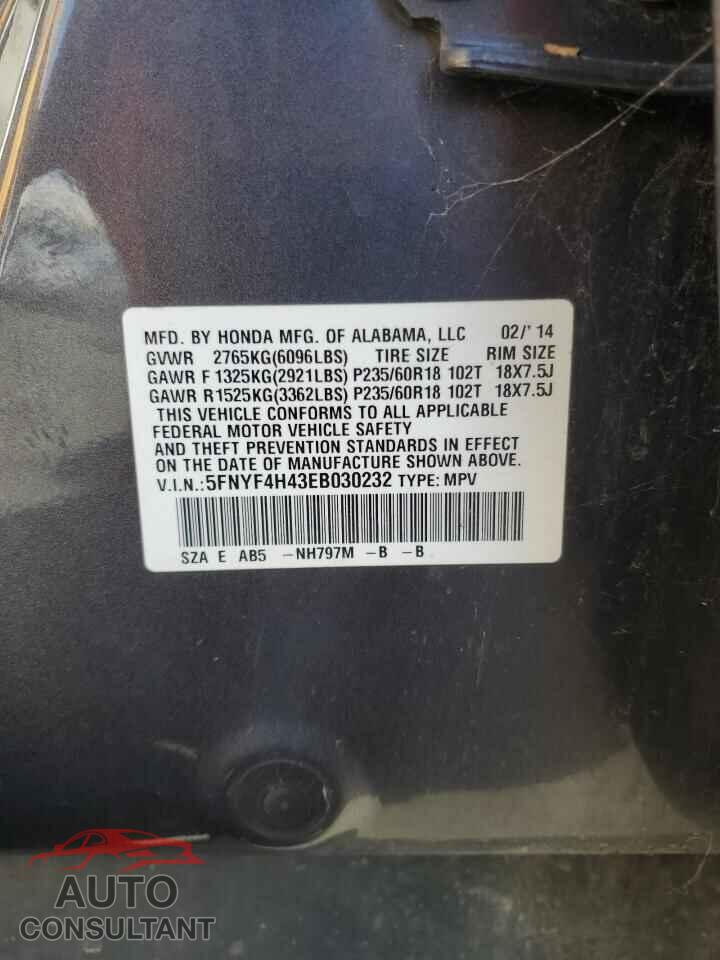 HONDA PILOT 2014 - 5FNYF4H43EB030232