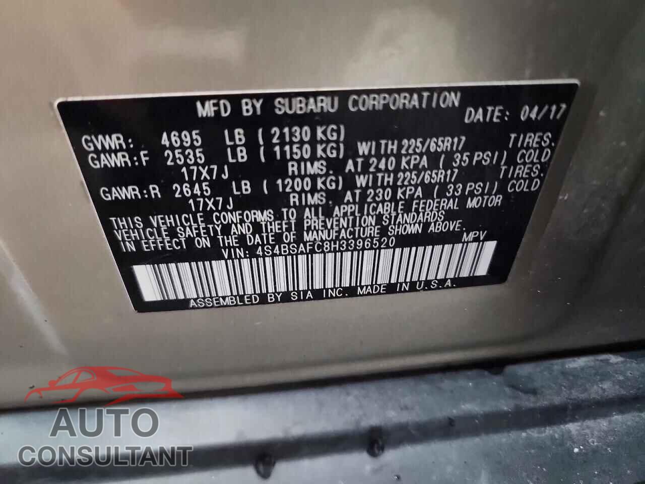 SUBARU OUTBACK 2017 - 4S4BSAFC8H3396520