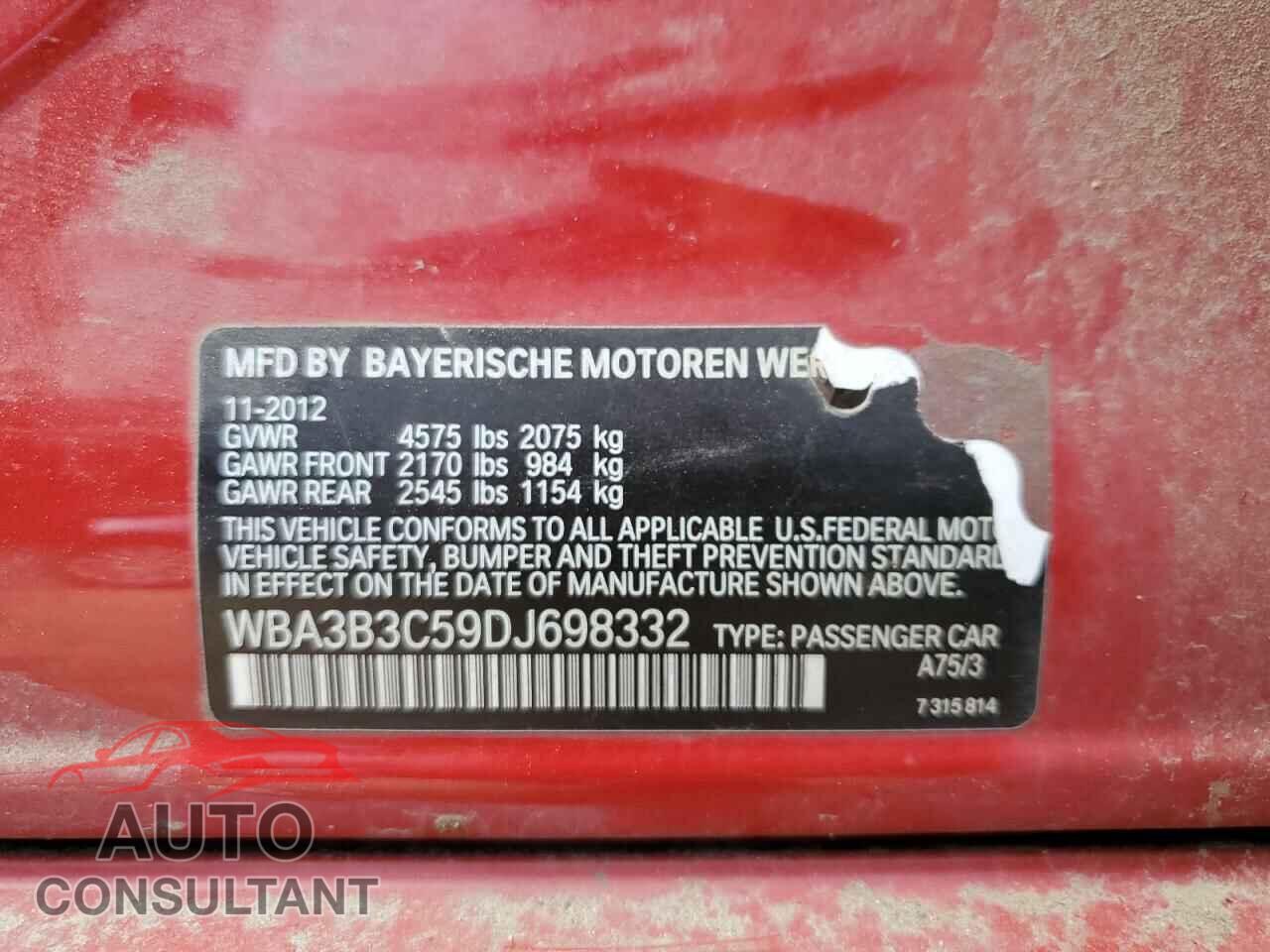 BMW 3 SERIES 2013 - WBA3B3C59DJ698332