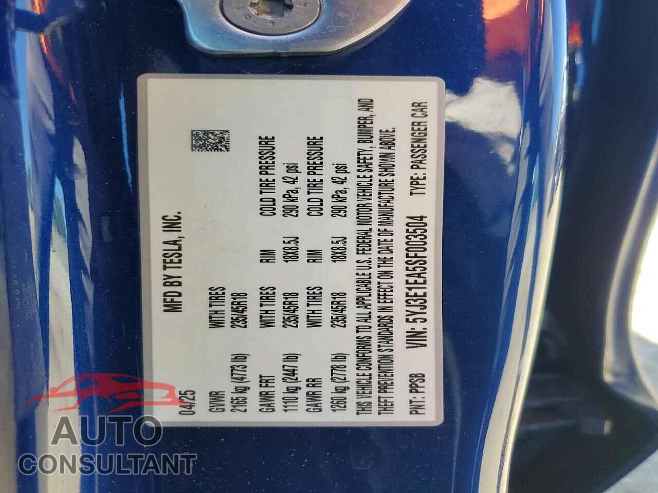 TESLA MODEL 3 2025 - 5YJ3E1EA5SF003504