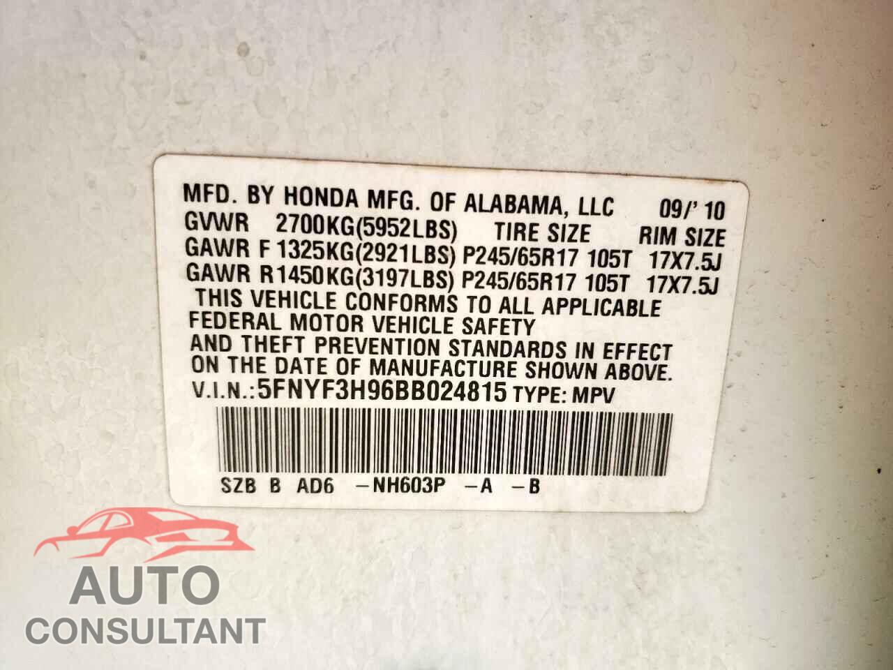 HONDA PILOT 2011 - 5FNYF3H96BB024815