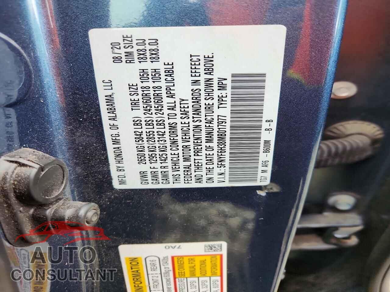 HONDA PILOT 2021 - 5FNYF6H38MB017977