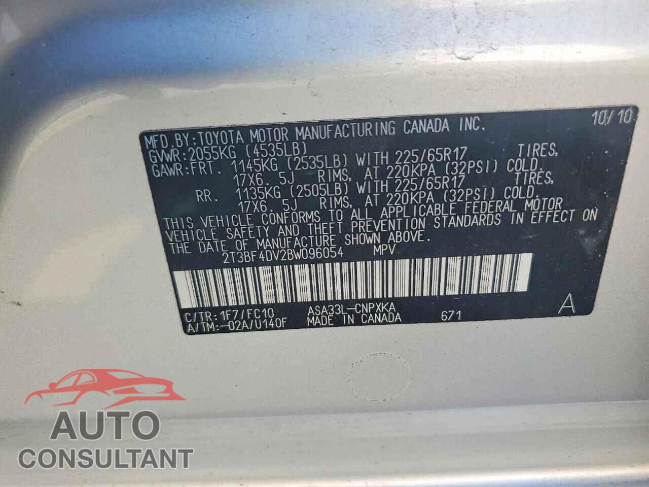 TOYOTA RAV4 2011 - 2T3BF4DV2BW096054