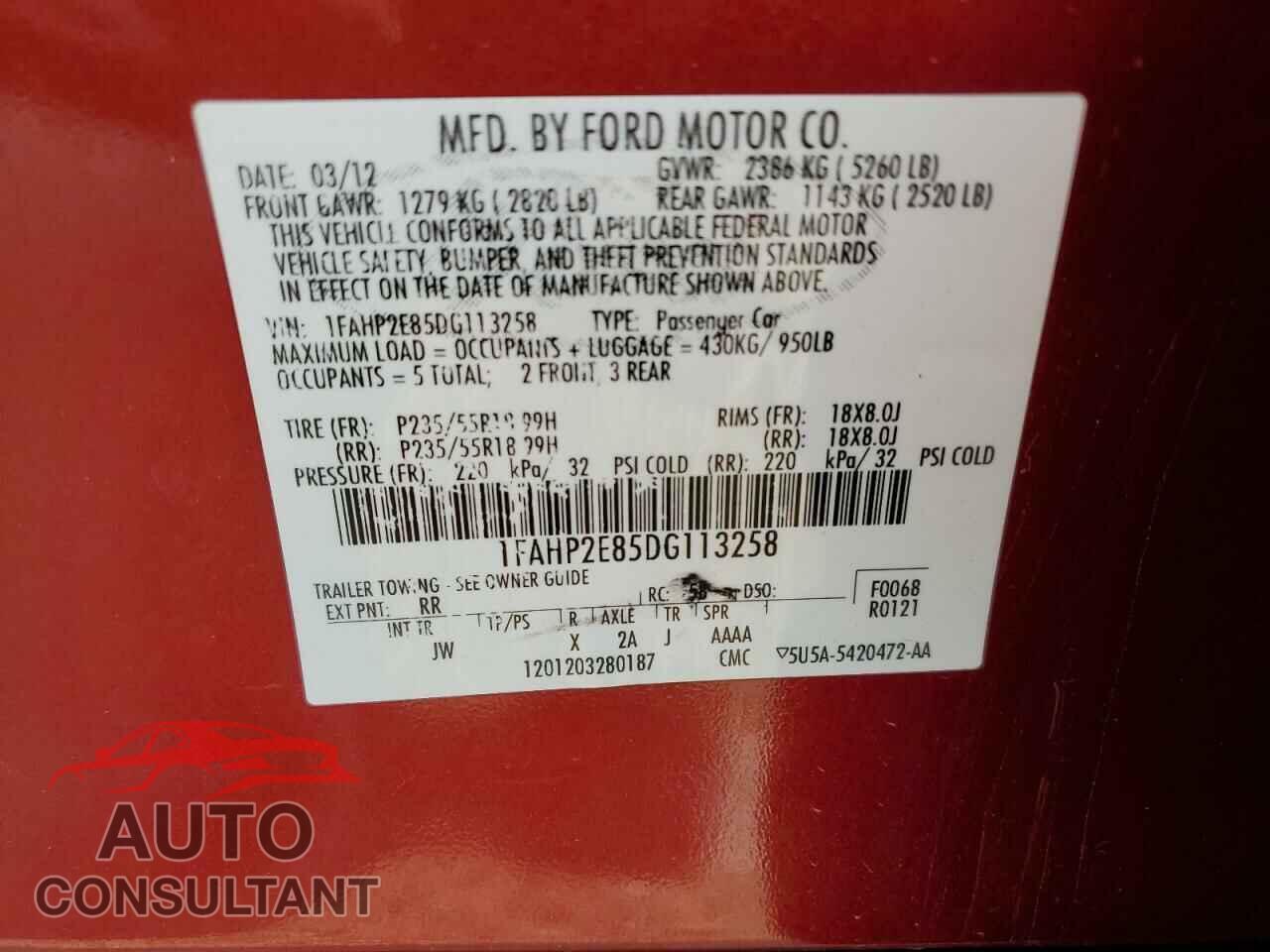 FORD TAURUS 2013 - 1FAHP2E85DG113258