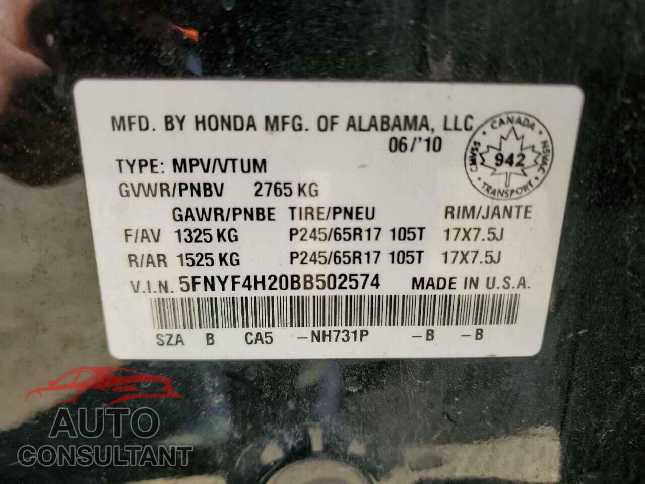 HONDA PILOT 2011 - 5FNYF4H20BB502574