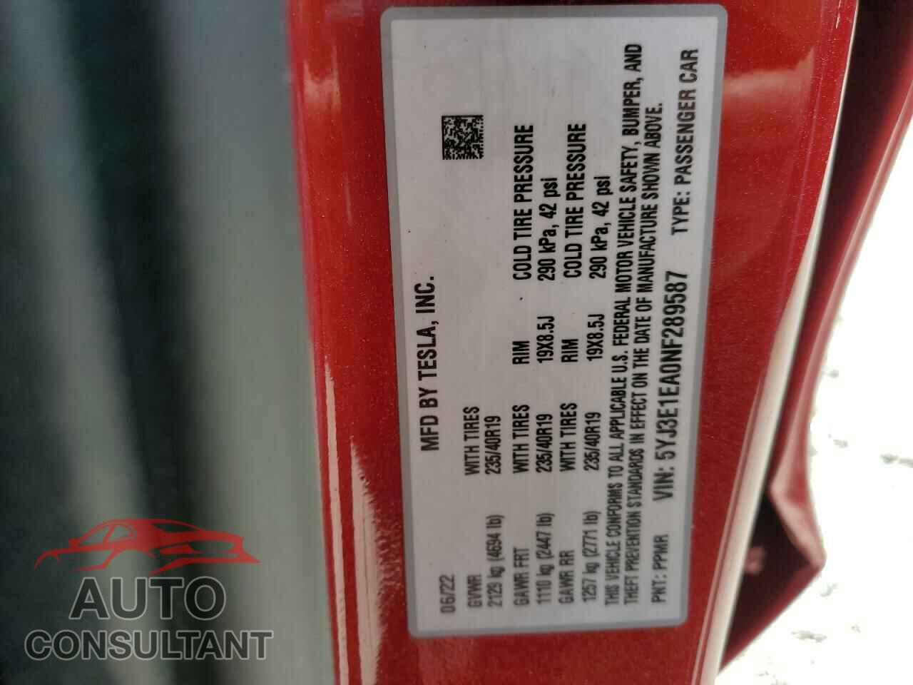 TESLA MODEL 3 2022 - 5YJ3E1EA0NF289587
