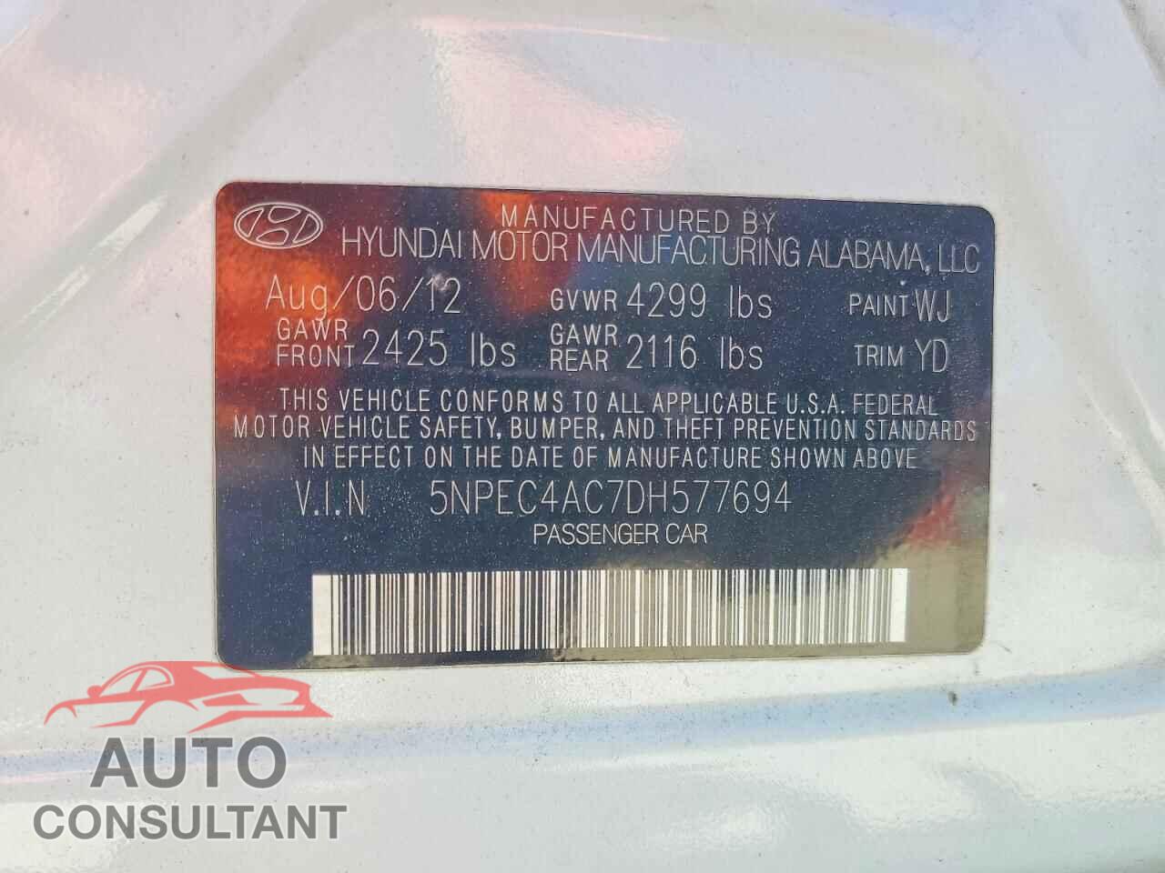 HYUNDAI SONATA 2013 - 5NPEC4AC7DH577694