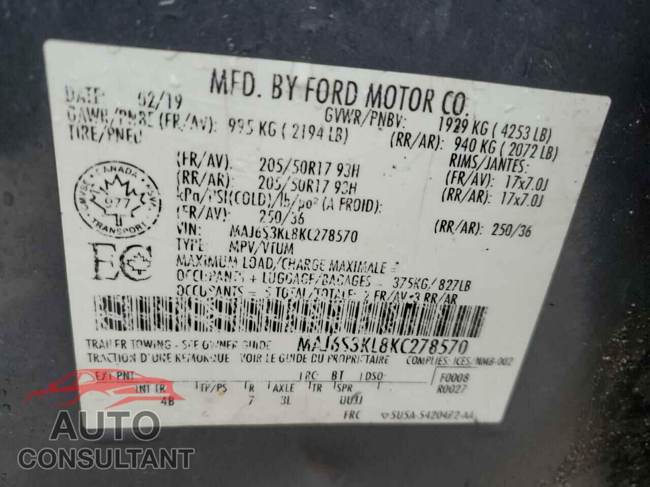 FORD ECOSPORT 2019 - MAJ6S3KL8KC278570