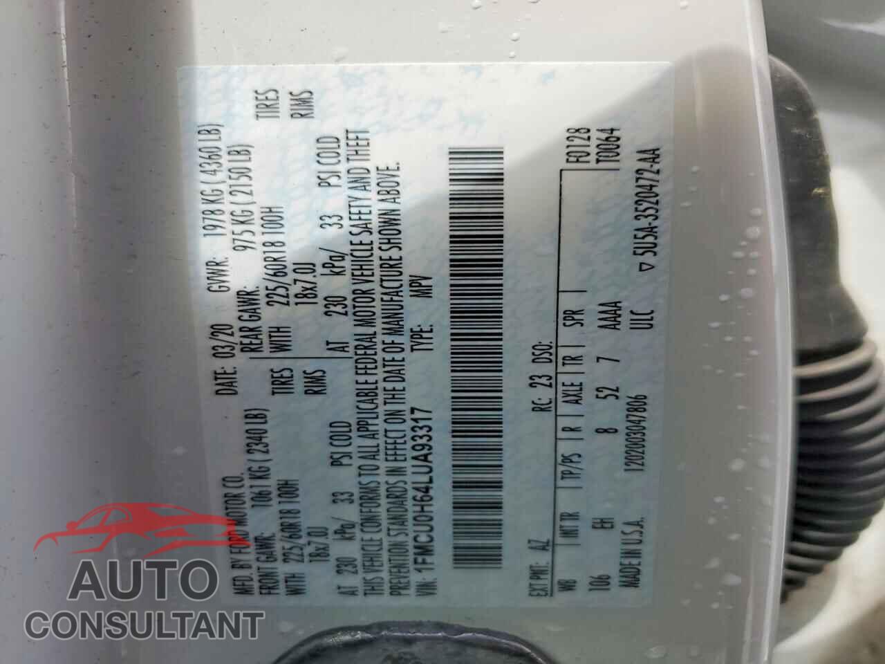 FORD ESCAPE 2020 - 1FMCU0H64LUA93317