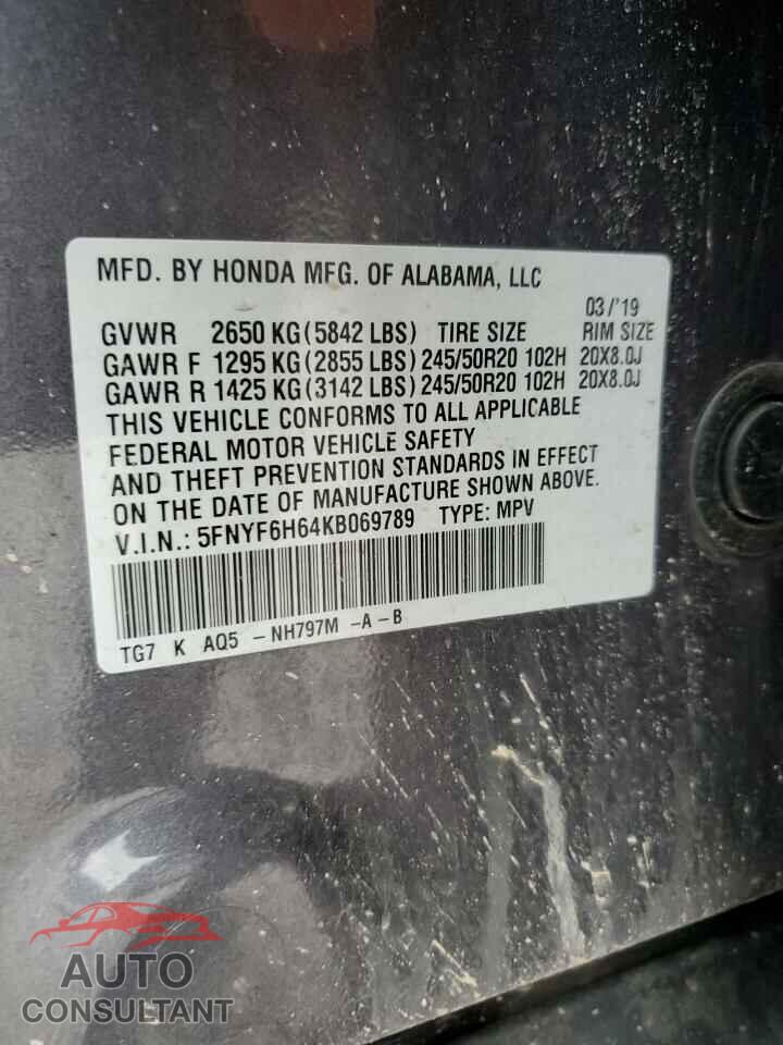 HONDA PILOT 2019 - 5FNYF6H64KB069789