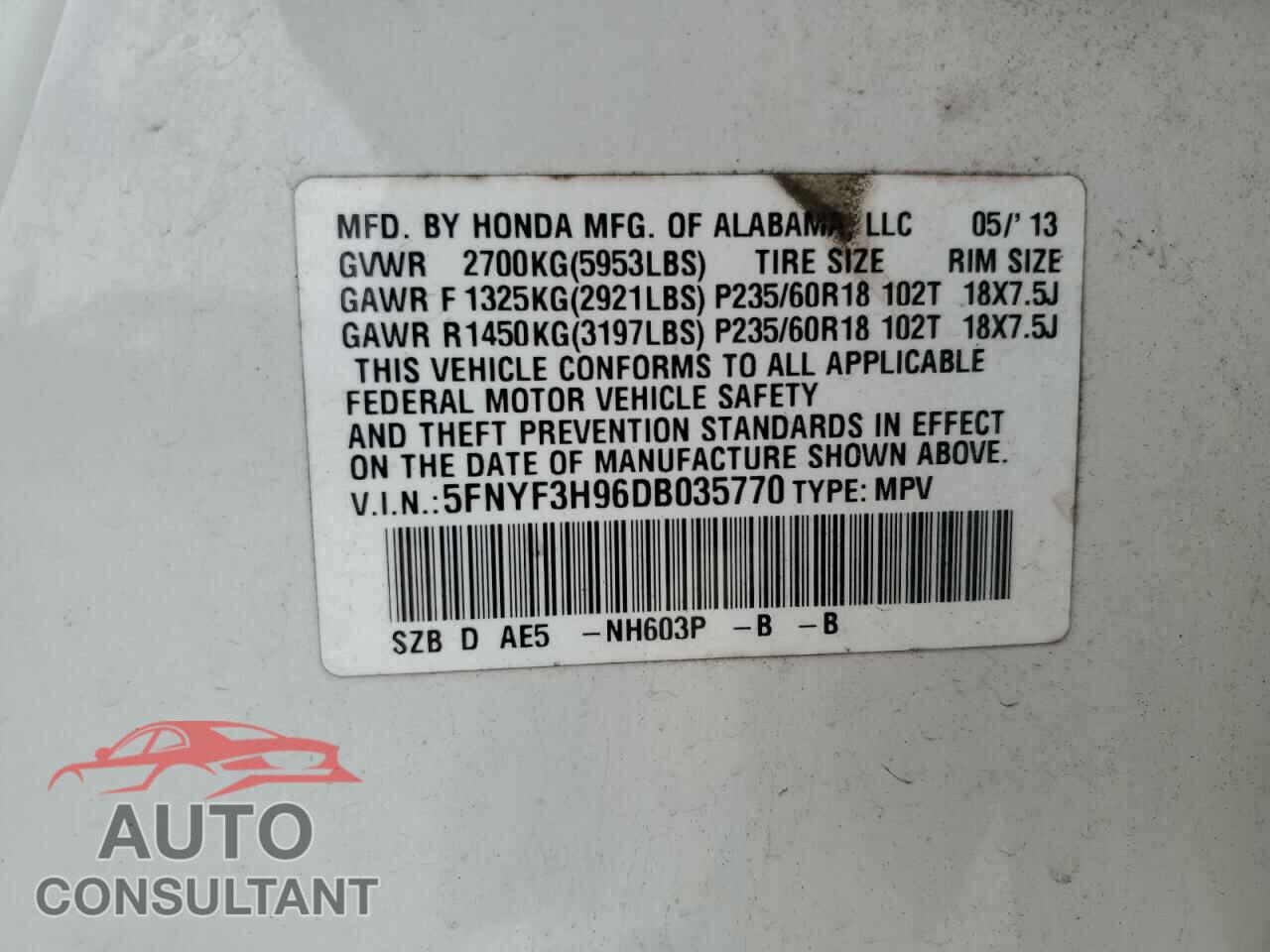 HONDA PILOT 2013 - 5FNYF3H96DB035770