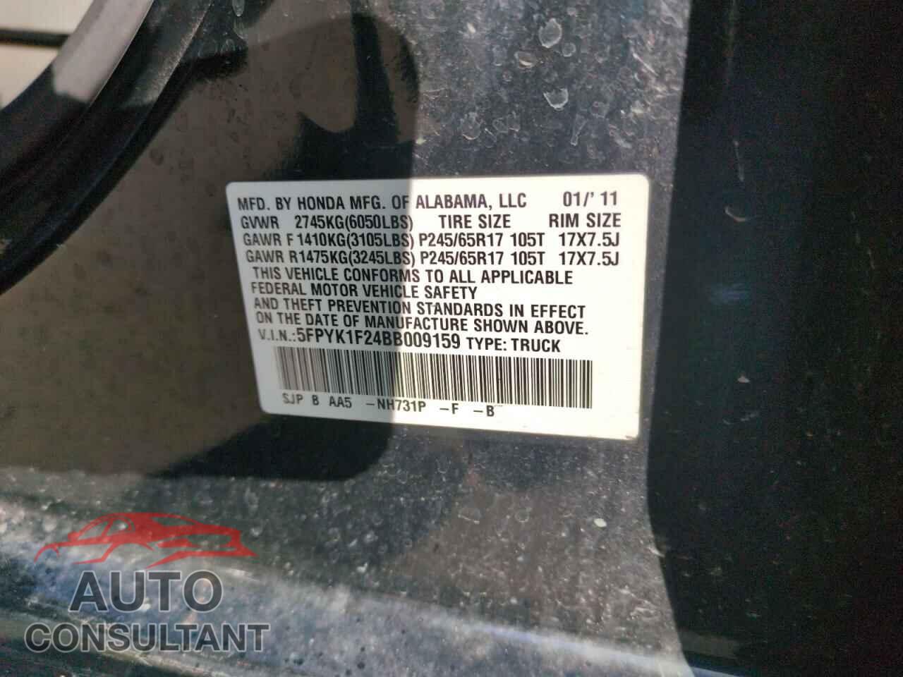 HONDA RIDGELINE 2011 - 5FPYK1F24BB009159