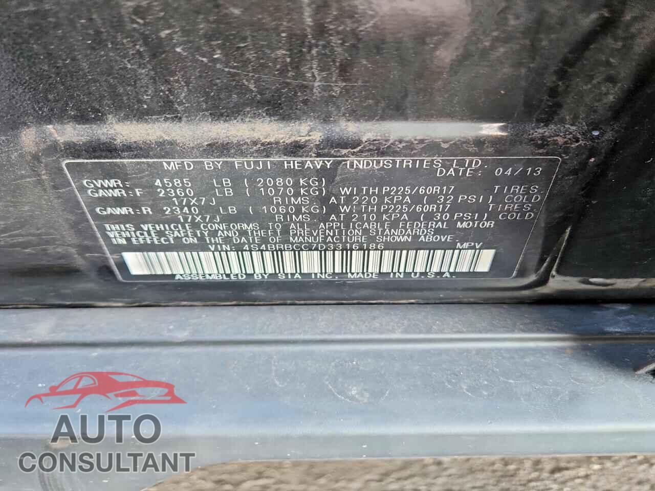 SUBARU OUTBACK 2013 - 4S4BRBCC7D3316186