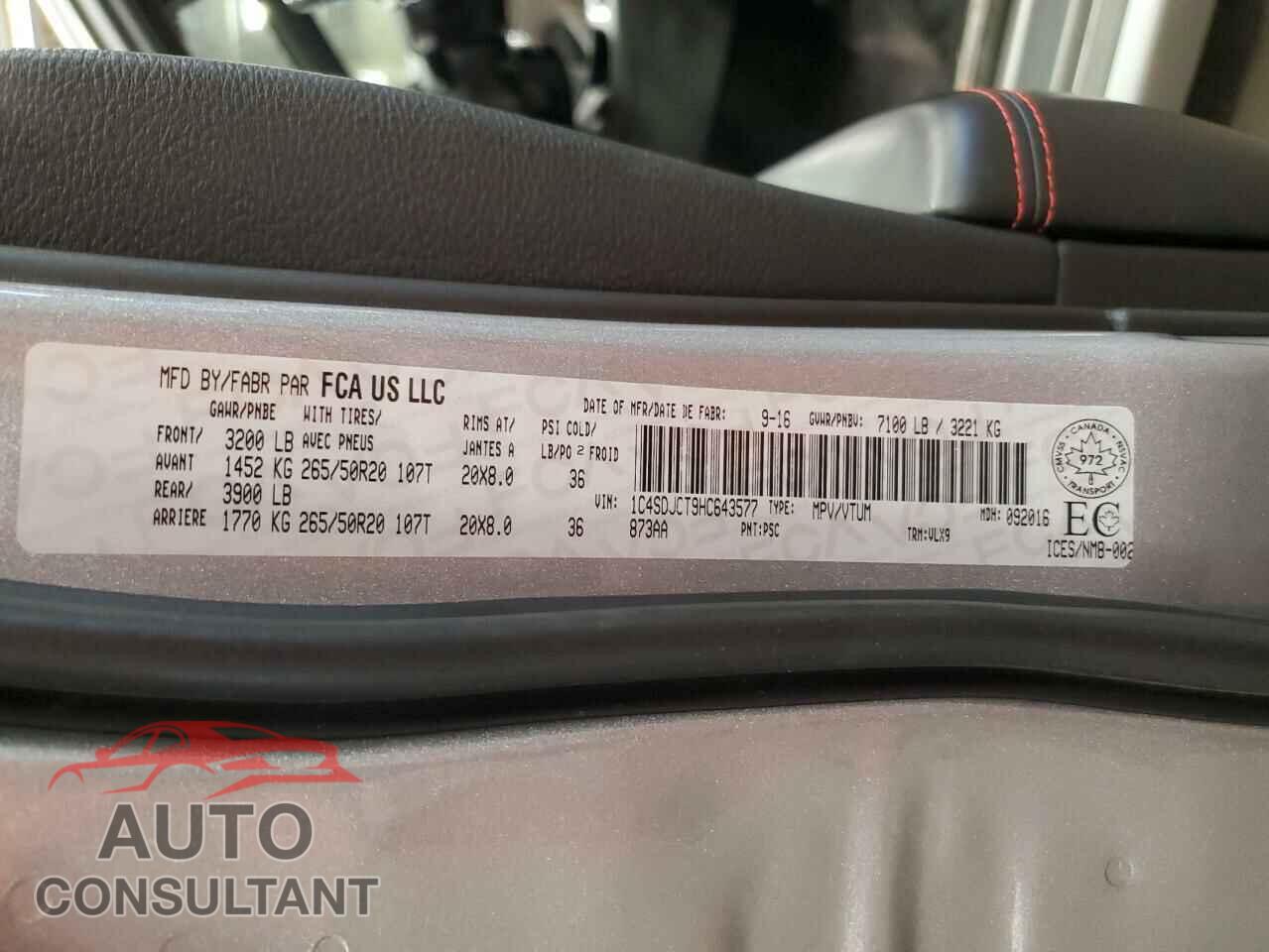 DODGE DURANGO 2017 - 1C4SDJCT9HC643577
