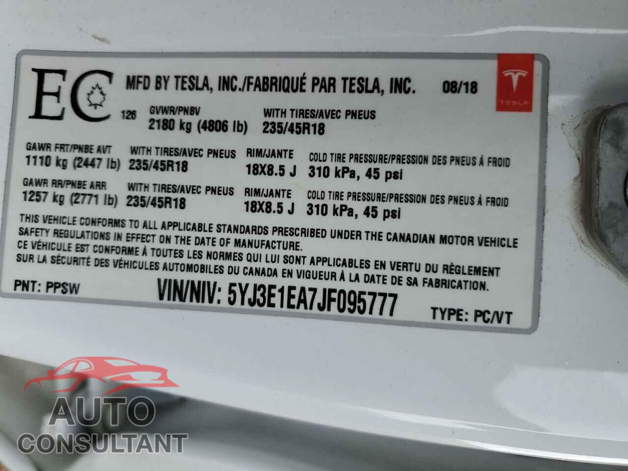 TESLA MODEL 3 2018 - 5YJ3E1EA7JF095777