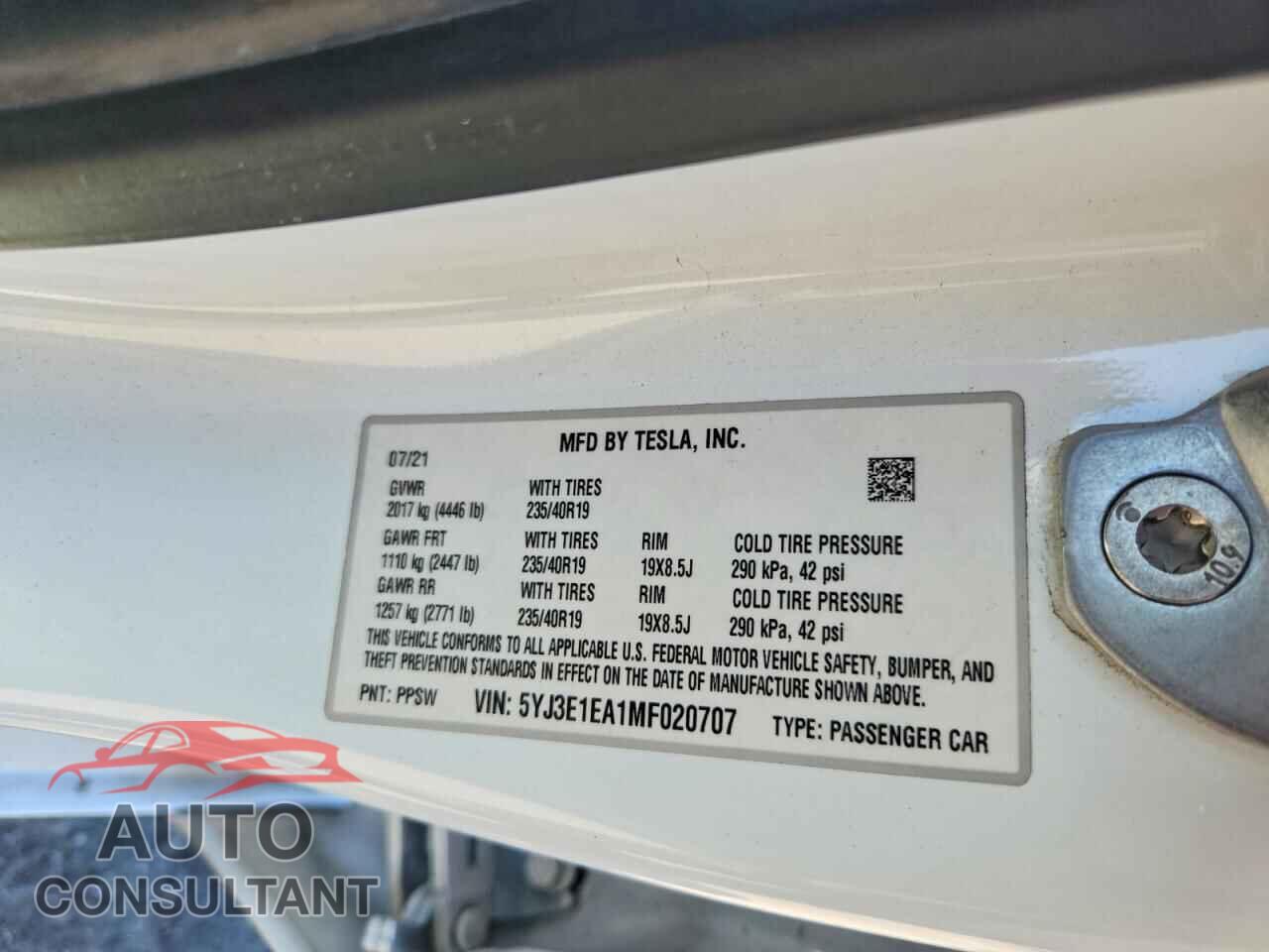 TESLA MODEL 3 2021 - 5YJ3E1EA1MF020707
