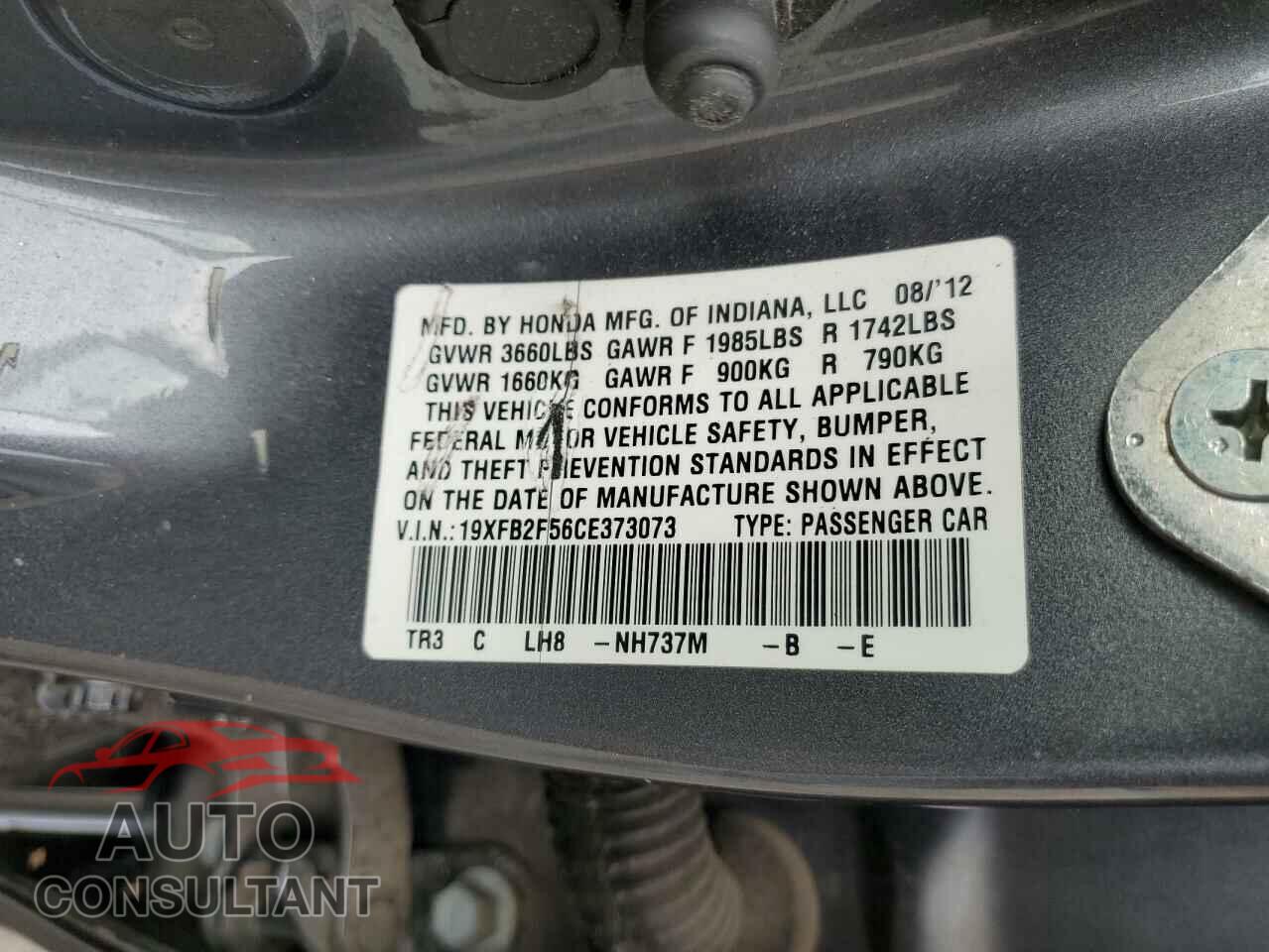 HONDA CIVIC 2012 - 19XFB2F56CE373073